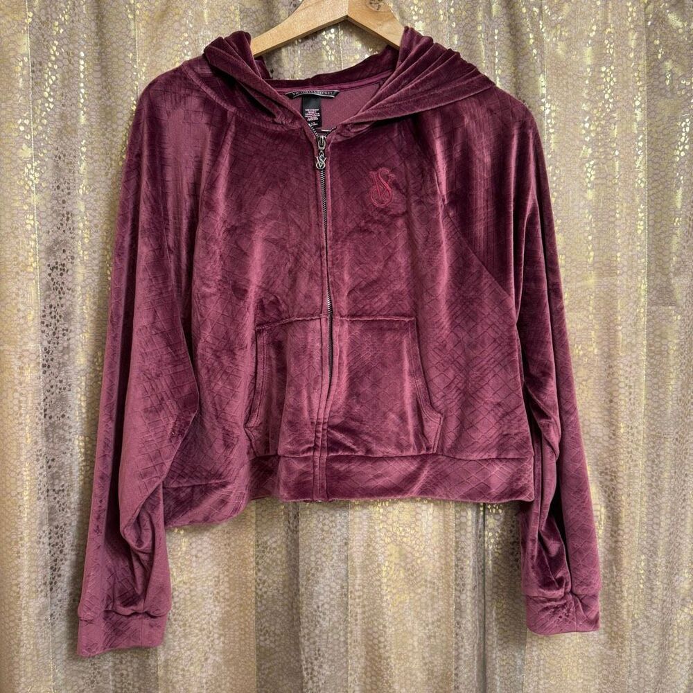 Victoria's Secret Burgundy Quilted Velour Zip Up Hoodie Sweater Large